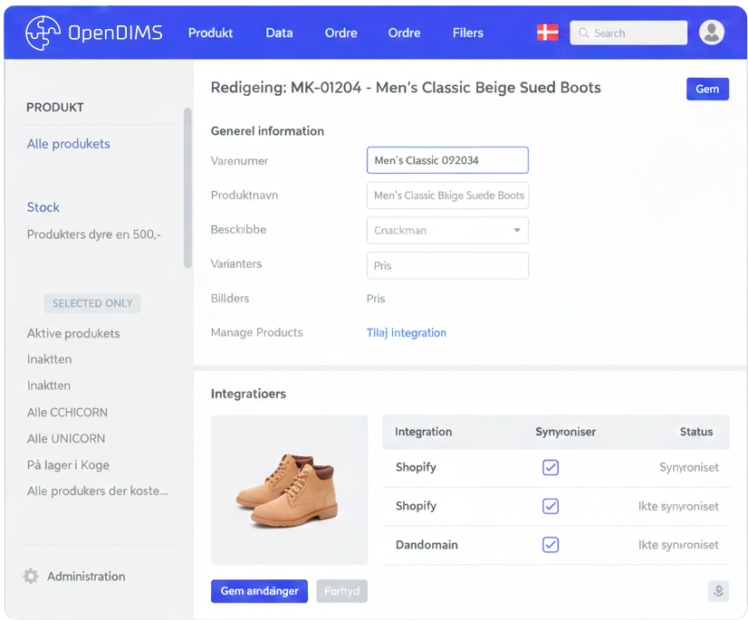 Uddrag af OpenDIMS-interfacet med produktvarianter